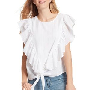 Ella Moss White Freeah Ruffle Tie Front Blouse Poplin Swiss Dot Cap Sleeve NEW